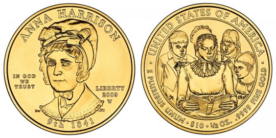 Anna Harrison First Spouse Gold Coin line art- click to enlarge (at this time an uncirculated image is unavailable)