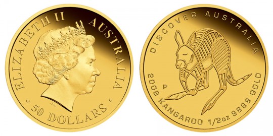 Discover Australia 2009 Dreaming Kangaroo Gold Coin (Perth Mint images) Discover Australia 2009 Dreaming Kangaroo Gold Coin - click on image to enlarge