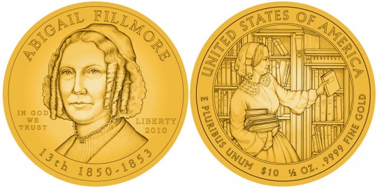 Abigail Fillmore First Spouse Gold Coin line art (US Mint image) Abigail Fillmore First Spouse Gold Coin line art - click to enlarge (uncirculated image unavailable at time of posting)