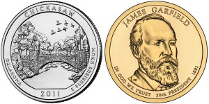 Chickasaw Quarters & Garfield Presidential $1 Coins (US Mint images)