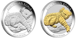 2012 Australian Koala 5 oz Silver Coin & 1 oz Gilded Silver Coin (Perth Mint images)
